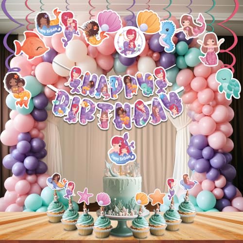 Festiko® Mermaid Theme Happy Birthday Party Decoration Combo (59 Pcs), Mermaid Themes Party Favors for Kids Birthday Decoration(Banner,Swirls,Balloons,Cake Topper,Cup Cake Toppers) - Image 1