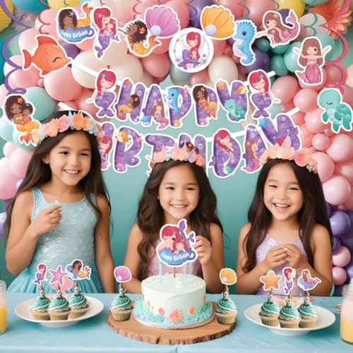 Festiko® Mermaid Theme Happy Birthday Party Decoration Combo (59 Pcs), Mermaid Themes Party Favors for Kids Birthday Decoration(Banner,Swirls,Balloons,Cake Topper,Cup Cake Toppers) - Image 4