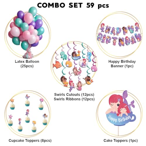 Festiko® Mermaid Theme Happy Birthday Party Decoration Combo (59 Pcs), Mermaid Themes Party Favors for Kids Birthday Decoration(Banner,Swirls,Balloons,Cake Topper,Cup Cake Toppers) - Image 2