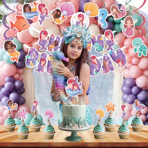 Festiko® Mermaid Theme Happy Birthday Party Decoration Combo (59 Pcs), Mermaid Themes Party Favors for Kids Birthday Decoration(Banner,Swirls,Balloons,Cake Topper,Cup Cake Toppers) - Image 3