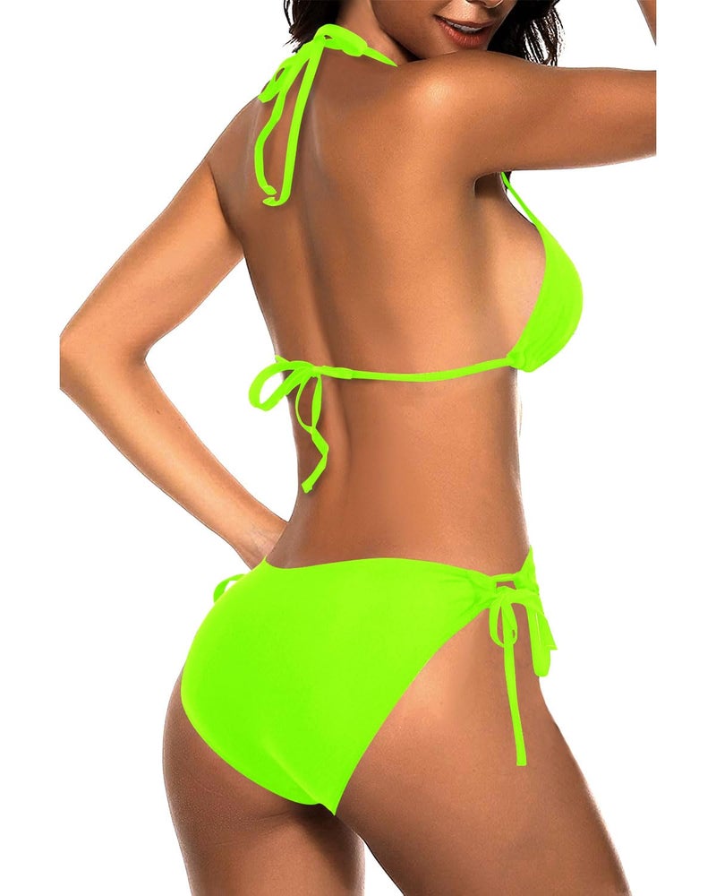 Tempt Me Women Neon Green Triangle Bikini Sets Halter Two Piece Sexy Swimsuit String Tie Side Bathing Suit M - Image 2