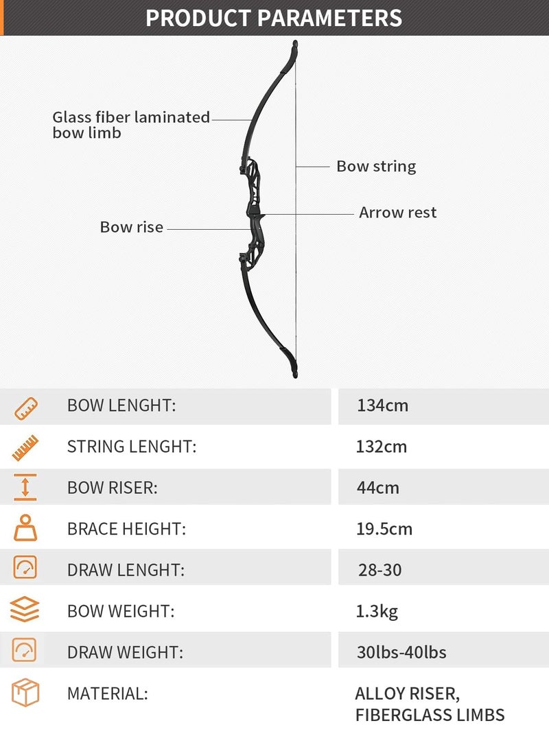 TOPARCHERY Archery Takedown Recurve Bow Hunting Long Bow Alloy Riser for Outdoor Shooting Training- Right Hand - Draw Weight 30lbs 40lbs - with Arrow Sight, Arrow Brush (Black-40lb) - Image 4