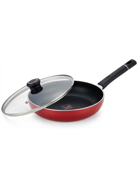 Nonstick Flat Fry Pan with lid Red/Black 28CM