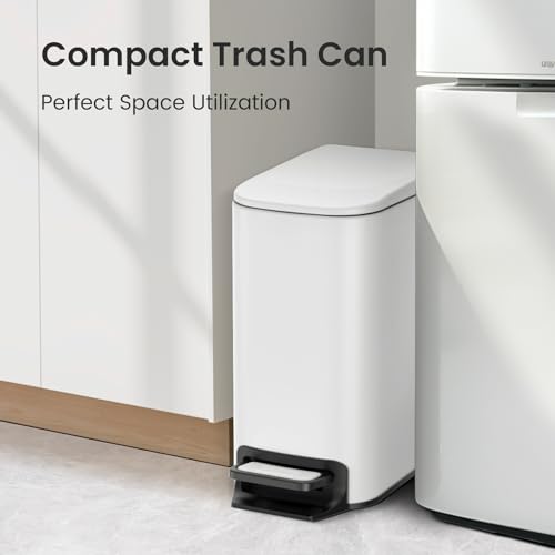 Cesun Small Bathroom Trash Can with Lid Soft Close, Step Pedal, 6 Liter / 1.6 Gallon Stainless Steel Slim Garbage Can for Bedroom, Diaper Waste Basket with Removable Inner Bucket (White) - Image 3
