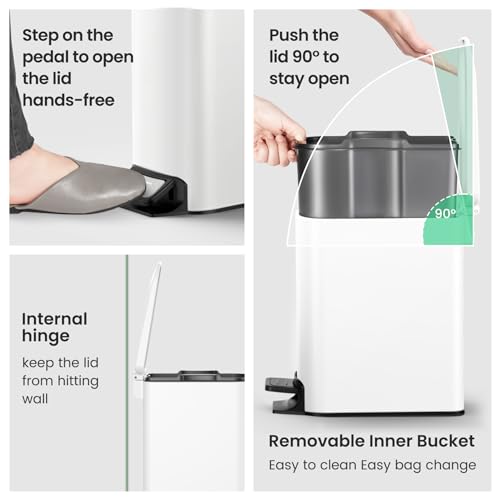 Cesun Small Bathroom Trash Can with Lid Soft Close, Step Pedal, 6 Liter / 1.6 Gallon Stainless Steel Slim Garbage Can for Bedroom, Diaper Waste Basket with Removable Inner Bucket (White) - Image 5