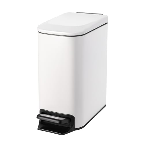 Cesun Small Bathroom Trash Can with Lid Soft Close, Step Pedal, 6 Liter / 1.6 Gallon Stainless Steel Slim Garbage Can for Bedroom, Diaper Waste Basket with Removable Inner Bucket (White) - Image 1