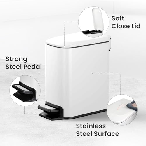 Cesun Small Bathroom Trash Can with Lid Soft Close, Step Pedal, 6 Liter / 1.6 Gallon Stainless Steel Slim Garbage Can for Bedroom, Diaper Waste Basket with Removable Inner Bucket (White) - Image 4