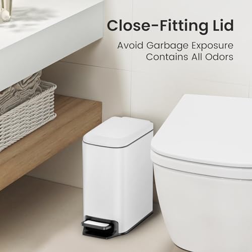 Cesun Small Bathroom Trash Can with Lid Soft Close, Step Pedal, 6 Liter / 1.6 Gallon Stainless Steel Slim Garbage Can for Bedroom, Diaper Waste Basket with Removable Inner Bucket (White) - Image 2