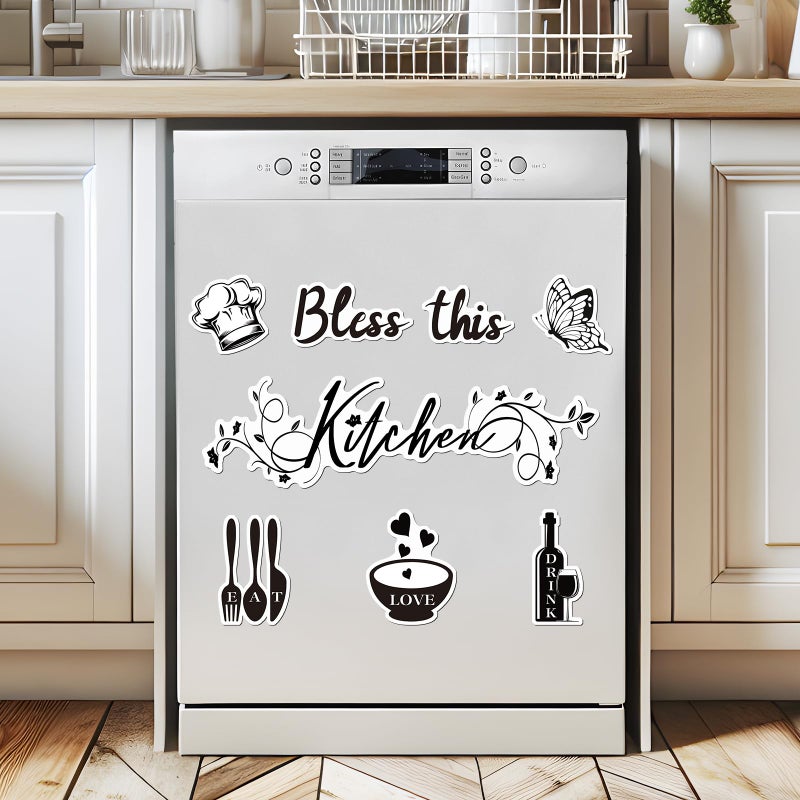 Wayyogh Kitchen Dishwasher Magnet Decorations, Bless This Kitchen Dishwasher Refrigerator Cover Magnetic Stickers Decal Decorative for Home Appliance Garage Car Metal Door Cover Black White Kitchen Decor - Image 1