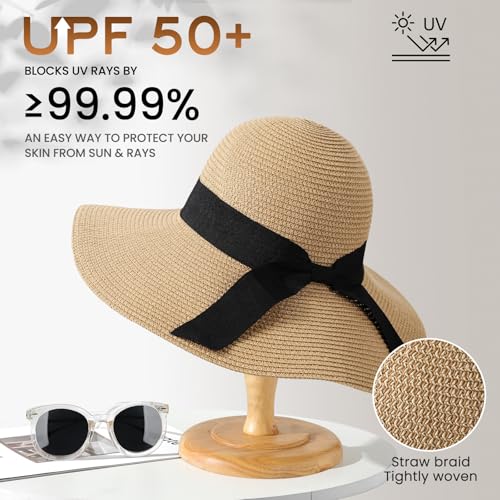 Tavaleu Sun Beach Hats for Women, Wide Brim Womens Straw Hat with Chin Strap, Foldable Beach Hats UV Protection - Image 2