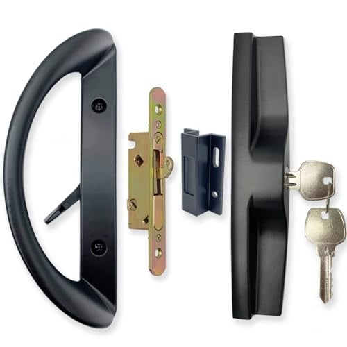 ALLYWASAI Patio Sliding Door Handle Set with Mortise Lock, Key Cylinder and Keeper, Replacement Handle Lock Set Fits Door Thickness from 1-1/2" to 1-3/4", 3-15/16" Screw Hole Spacing, Keyed, Black - Image 1