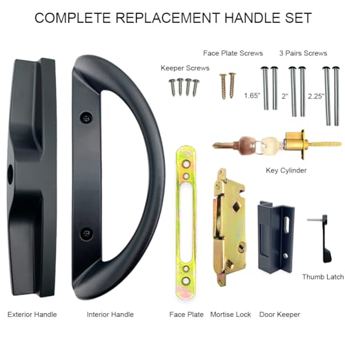 ALLYWASAI Patio Sliding Door Handle Set with Mortise Lock, Key Cylinder and Keeper, Replacement Handle Lock Set Fits Door Thickness from 1-1/2" to 1-3/4", 3-15/16" Screw Hole Spacing, Keyed, Black - Image 2