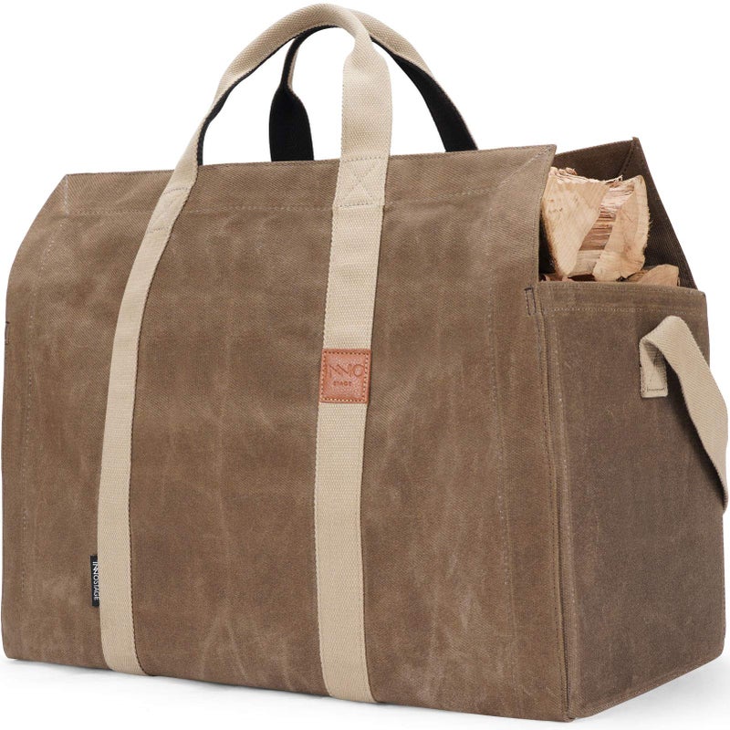 INNO STAGE INNO STAGE FreeStanding Firewood Log Carrier Bag  22 oz Thickened Waxed Canvas Fire Wood Holder Tote with Adjustable Shoulder Strap and Soft Handles for Camping or BBQ Barbecue Dark Khaki