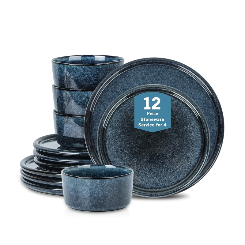 Stone Lain Eden 12Piece Dinnerware Set Stoneware Plates and Bowls Set Dishwasher and Microwave Safe Dish Dish Set for 4 Dark Blue