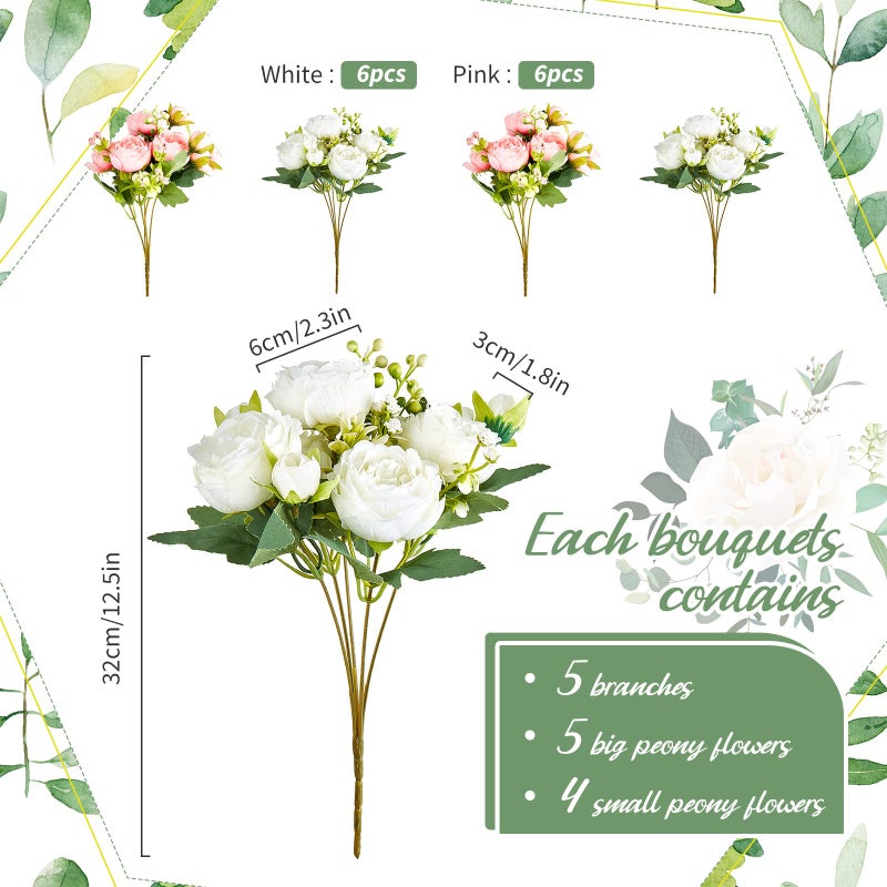 Jexine 12 Bundles Silk Artificial Peonies Flowers Faux Peony Bouquet Fake Peonies Artificial Flowers Bouquets for Vase Floral Arrangements Wedding Home Table Decoration (White,Pink) - Image 2