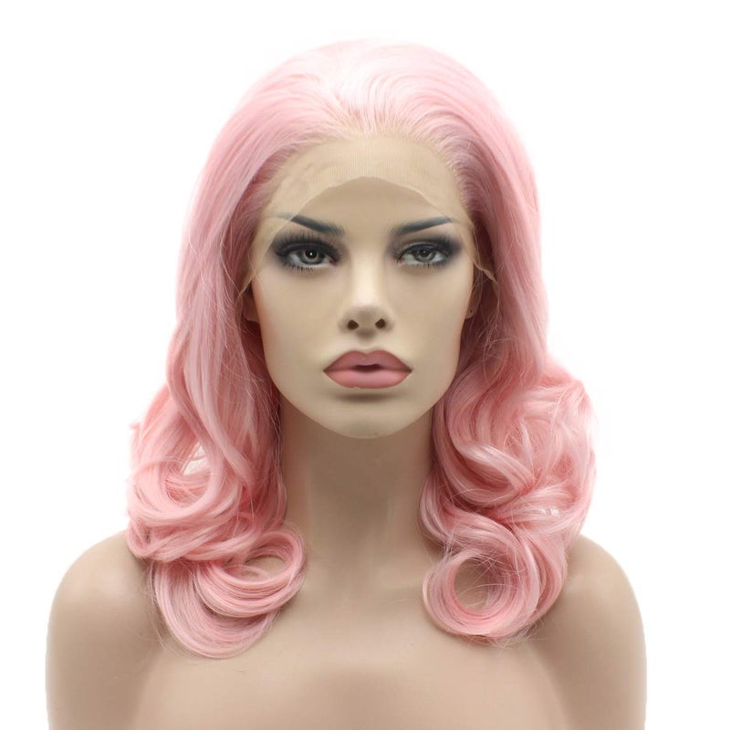 Lushy Lushy Pink Wavy Synthetic Wig 16inch Heat Resistant Heavy Density Lace Front 