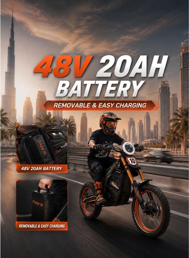 CRONY-10 Electric Dirt Bike 3000W Off-Road Motorcycle with 48V 20Ah Removable Battery - Image 5