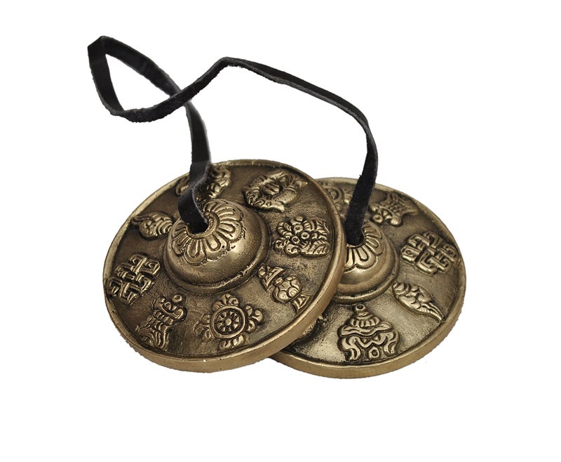 Dharma Store - Tibetan Tingsha Cymbals - 6.2 cm - 8 Lucky Symbols Embossed - Image 2
