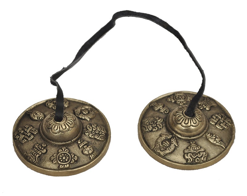 Dharma Store - Tibetan Tingsha Cymbals - 6.2 cm - 8 Lucky Symbols Embossed - Image 3