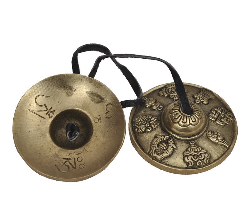 Dharma Store - Tibetan Tingsha Cymbals - 6.2 cm - 8 Lucky Symbols Embossed - Image 1