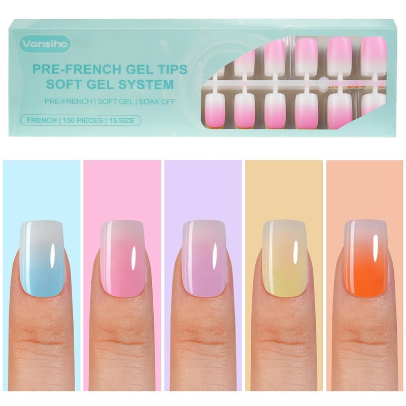 Vansiho 150 Pcs Ombre Gel Nail Tips, Short Square Press on Nails, Soft Gel Nails False Nail, Acrylic Fake Nails for Nail Art DIY - 15 Sizes - Image 1