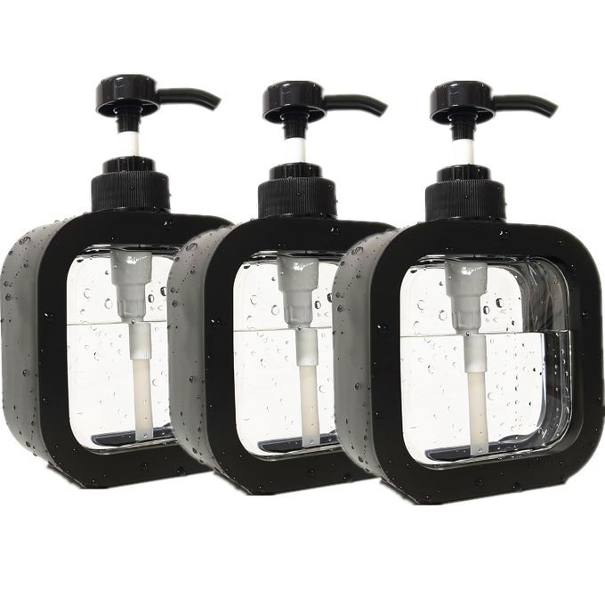 3PCS HAND SOAP DISPENSER BATHROOM MODERN DISH SOAP DISPENSER FOR KITCHEN SINK 10OZ PLASTIC BLACK SOAP DISPENSER WITH PUMP AND LABELS