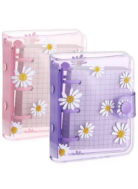 2 Pack Mini Transparent 3 Ring Binder Covers with Mini Binder Inner Paper and Pockets Clear Soft PVC Notebook Closure Loose Leaf Folder Round Ring Binder Cover Protector with Snap Button