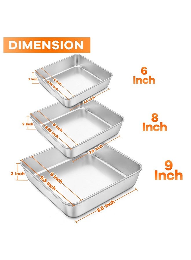 TeamFar Square Cake Pan, 6/8 / 9 Inch Stainless Steel Square Baking Pan for Cake Brownie Lasagna, Non-Toxic & Heavy Duty, One Piece Design & Deep Wall, Smooth & Dishwasher Safe - Set of 3 - Image 2