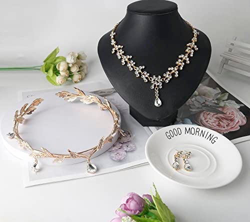 DS Rhinestone Wedding Tiara Crown for Brides，3-pack Tiara Earrings Necklace Bridal Jewelry Set，Goddess elf Princess Fairy Crystal Pendent Headband Cosplay Crown Accessory for Wedding Prom-gold 1 - Image 5