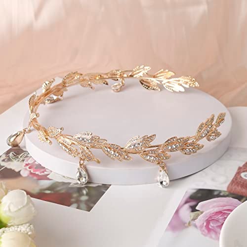 DS Rhinestone Wedding Tiara Crown for Brides，3-pack Tiara Earrings Necklace Bridal Jewelry Set，Goddess elf Princess Fairy Crystal Pendent Headband Cosplay Crown Accessory for Wedding Prom-gold 1 - Image 2