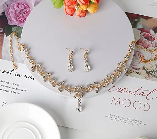 DS Rhinestone Wedding Tiara Crown for Brides，3-pack Tiara Earrings Necklace Bridal Jewelry Set，Goddess elf Princess Fairy Crystal Pendent Headband Cosplay Crown Accessory for Wedding Prom-gold 1 - Image 4