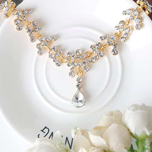 DS Rhinestone Wedding Tiara Crown for Brides，3-pack Tiara Earrings Necklace Bridal Jewelry Set，Goddess elf Princess Fairy Crystal Pendent Headband Cosplay Crown Accessory for Wedding Prom-gold 1 - Image 3