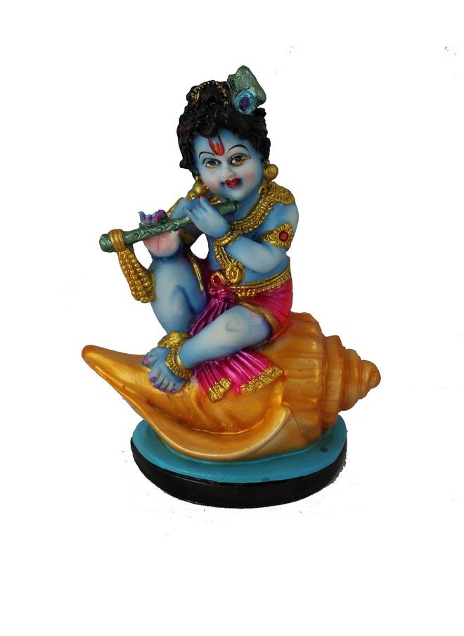 KARTIK Kartik Hindu God Shri Krishan Car Dashboard Statue Bal Krishna on Shankh Polyresin Showpiece Hand Carved Baby Idol Sculpture Home Office Lord Makhan Chor Decorative 4.5 inches  - Image 5
