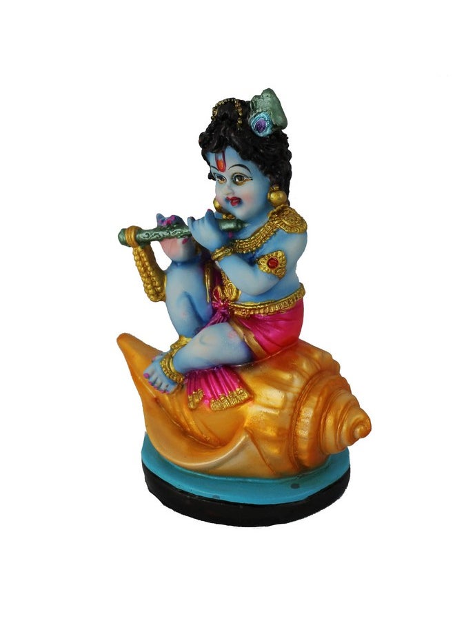 KARTIK Kartik Hindu God Shri Krishan Car Dashboard Statue Bal Krishna on Shankh Polyresin Showpiece Hand Carved Baby Idol Sculpture Home Office Lord Makhan Chor Decorative 4.5 inches  - Image 2
