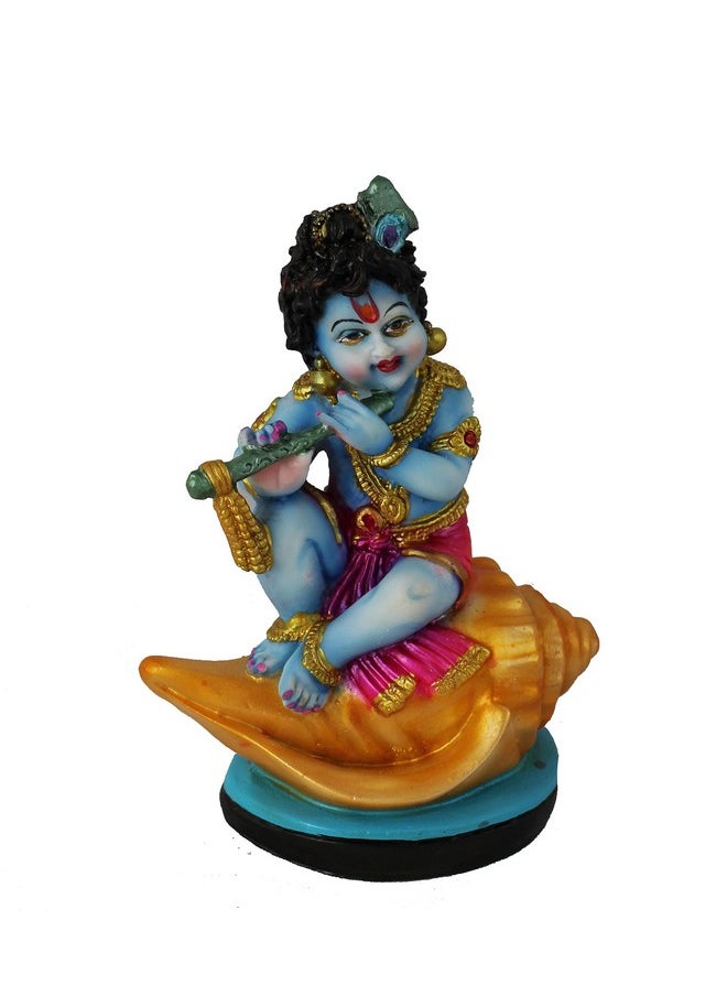 KARTIK Kartik Hindu God Shri Krishan Car Dashboard Statue Bal Krishna on Shankh Polyresin Showpiece Hand Carved Baby Idol Sculpture Home Office Lord Makhan Chor Decorative 4.5 inches  - Image 1