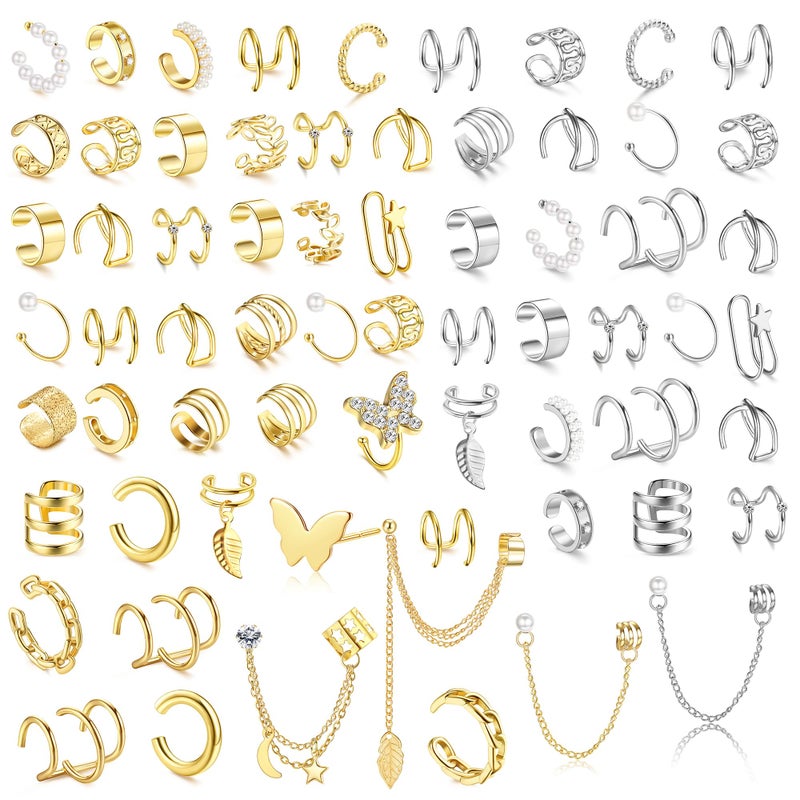 BESTEEL 66 Pcs Ear Cuff Earrings for Women Non Piercing,Hypoallergenic Silver plated Clip on Fake Earrings for Sensitive Ears,Ear Wrap Earrings for Helix Cartilage,Cz Star Butterfly Ear Cuffs Non Piercing - Image 1
