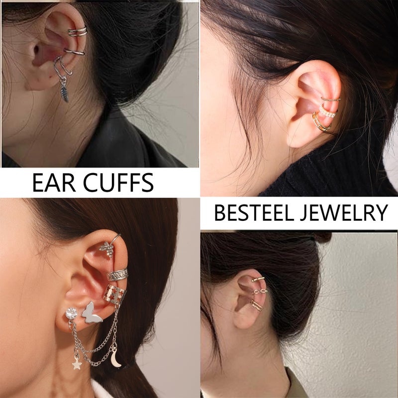 BESTEEL 66 Pcs Ear Cuff Earrings for Women Non Piercing,Hypoallergenic Silver plated Clip on Fake Earrings for Sensitive Ears,Ear Wrap Earrings for Helix Cartilage,Cz Star Butterfly Ear Cuffs Non Piercing - Image 3