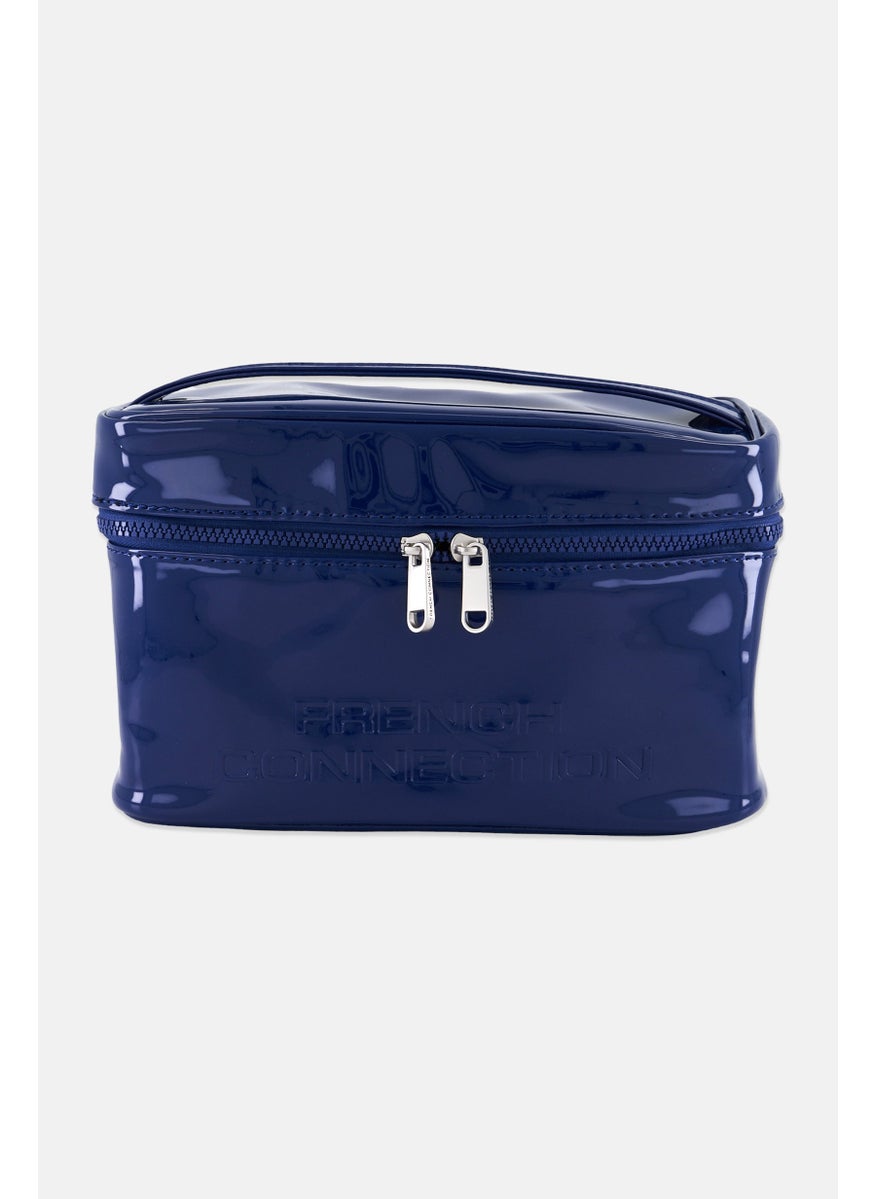 French Connection Women Brand Logo Patent Cosmetics Bag, Navy Blue 