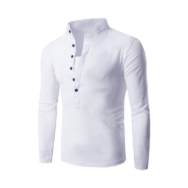 تي شيرت بأكمام طويلة للرجال - جديد - كاجوال - لون موحد - ياقة قائمة - أزرار أمامية - تصميم ضيق - Image 3
