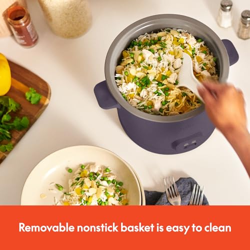 bella 16 Cup Rice Cooker with Steamer, Dishwasher Safe Steaming Basket, Rice Paddle and Measuring Cup, Removable Nonstick Cooking Bowl, Automatic Keep Warm Function​, 400 Watt, Plum - Image 3