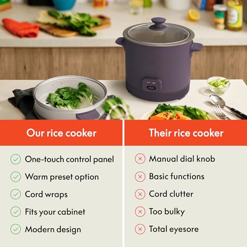 bella 16 Cup Rice Cooker with Steamer, Dishwasher Safe Steaming Basket, Rice Paddle and Measuring Cup, Removable Nonstick Cooking Bowl, Automatic Keep Warm Function​, 400 Watt, Plum - Image 5