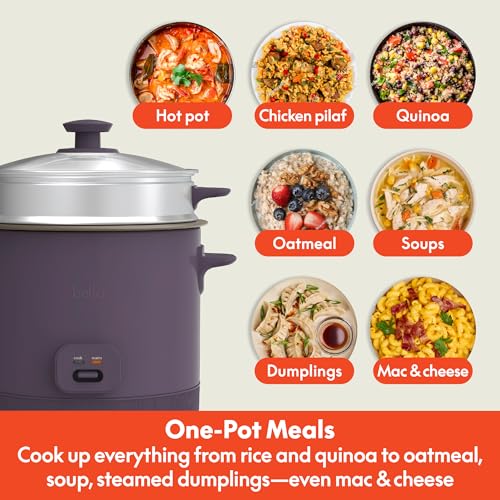 bella 16 Cup Rice Cooker with Steamer, Dishwasher Safe Steaming Basket, Rice Paddle and Measuring Cup, Removable Nonstick Cooking Bowl, Automatic Keep Warm Function​, 400 Watt, Plum - Image 4