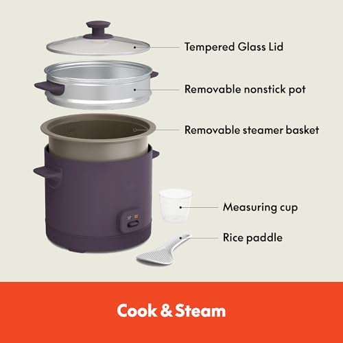 bella 16 Cup Rice Cooker with Steamer, Dishwasher Safe Steaming Basket, Rice Paddle and Measuring Cup, Removable Nonstick Cooking Bowl, Automatic Keep Warm Function​, 400 Watt, Plum - Image 2