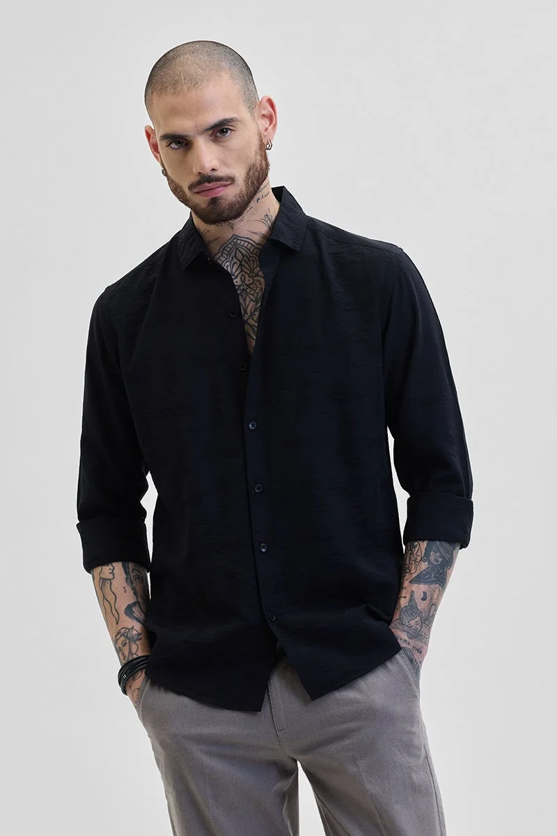 SNITCH Black Textured Long Sleeve Slim Fit Casual Shirt