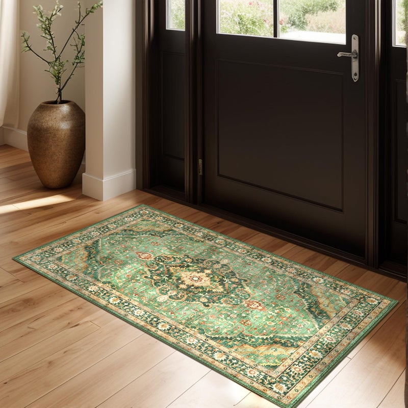 Deerly Green Runner Rug 2x4 Rugs Boho Small Washable Runner Rugs for Entryway Bathroom Kitchen, Small Rugs Soft Low Pile Non-Slip Rubber Backing Oriental Door Mat - Image 1