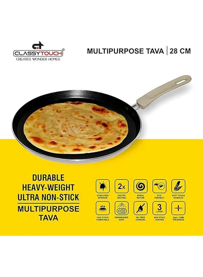 CLASSYTOUCH Non Stick Tawa Pan With 2 Way Non Stick Coating,Pizza Crisper, Bread Bakingdosa/Roti/Chapati, Tawa 28 Cm Diameter (Aluminium, Non Stick, Induction Bottom) - Image 3