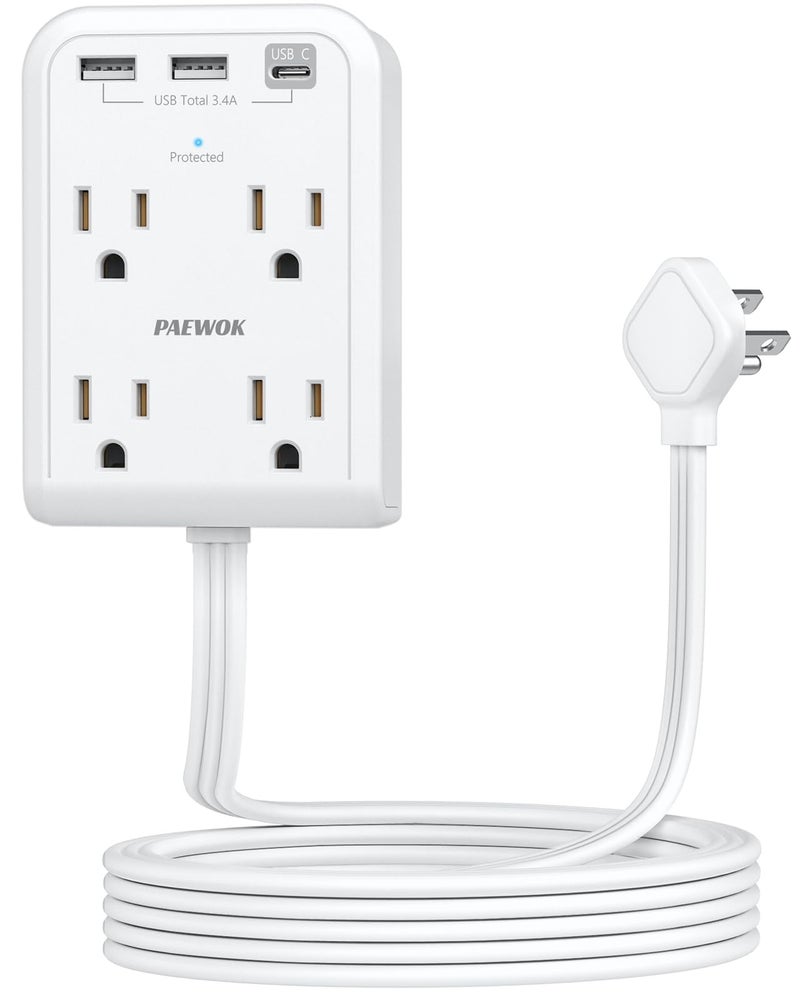 PAEWOK موسع مخرج مسطح مع 3 منافذ USB (1 نوع C)، 4 مقبس AC، موسع مخرج كهربائي، شريط طاقة مع حماية من زيادة التيار مع سلك تمديد رفيع بطول 8 أقدام. أبيض - Image 1