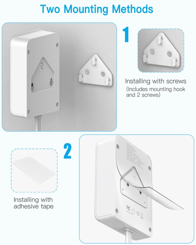 PAEWOK موسع مخرج مسطح مع 3 منافذ USB (1 نوع C)، 4 مقبس AC، موسع مخرج كهربائي، شريط طاقة مع حماية من زيادة التيار مع سلك تمديد رفيع بطول 8 أقدام. أبيض - Image 3