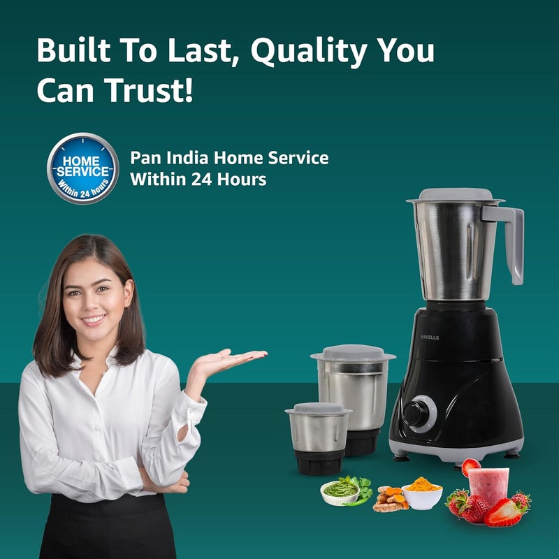 Havells خلاط مطحنة بقدرة 500 واط | 3 أوعية من الفولاذ المقاوم للصدأ مقاومة للتسرب (400 مل، 800 مل، 1.2 لتر) | 3 سرعات تحكم | هيكل ABS قوي | شفرات SS متينة | تقنية تهوية الهواء | أسود - Image 4
