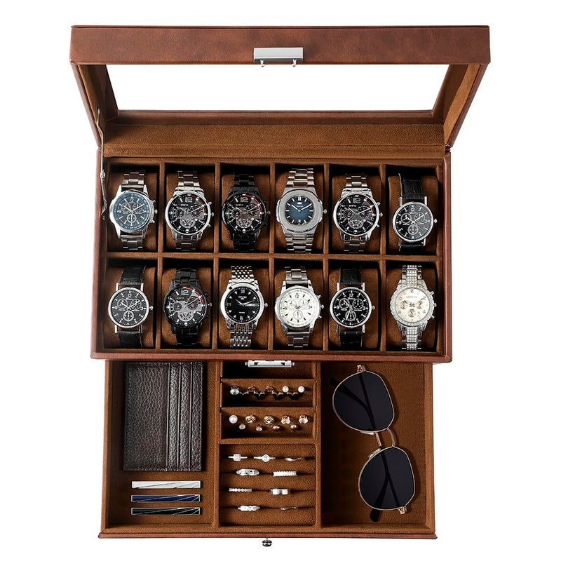 GUKA Watch Box 12 Slot Watch Case Watch Cases for men with Real Glass Lid Synthetic Leather Watch Organizer storage with Jewelry Case Birthday for Men and Women Brown